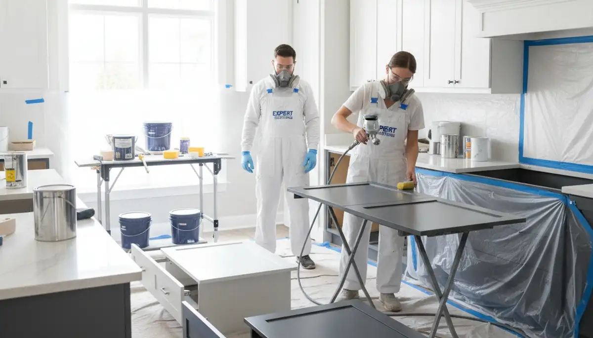Tampa, FL cabinet painters applying durable kitchen cabinet finish